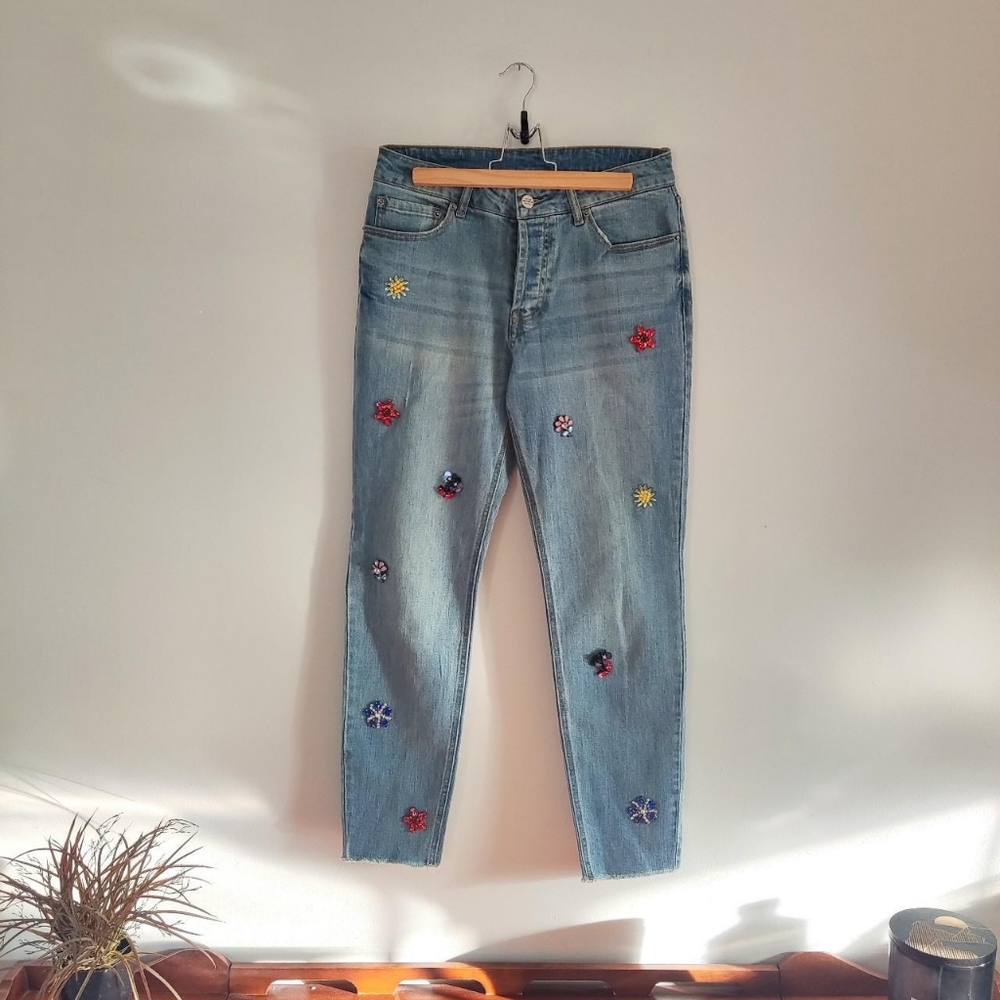 For The Republic Slim Fit Light Wash Jeans with Floral Jewels